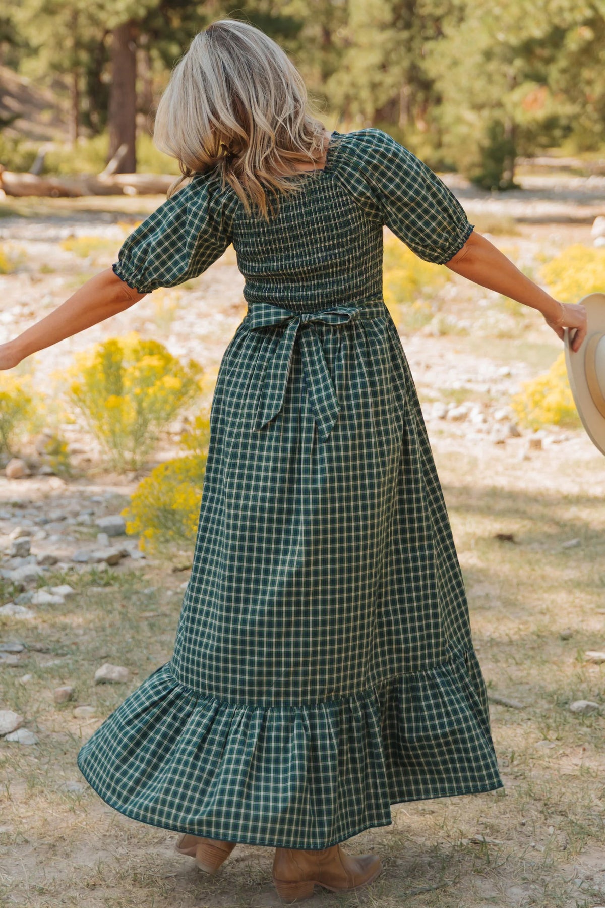 PRE-ORDER Green Plaid Square Neck Shirred High Waist Ruffle Hem Dress