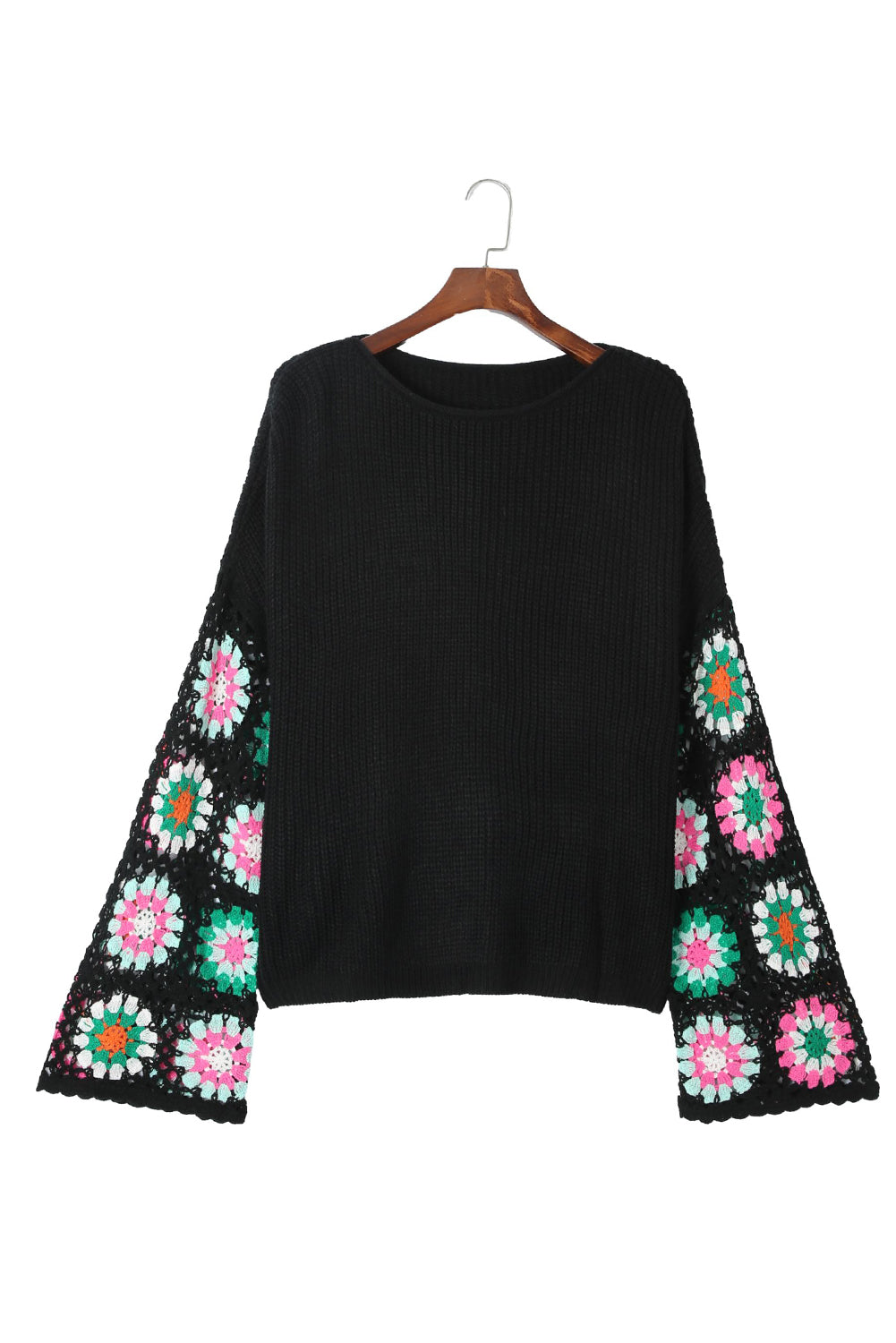 Black Floral Crochet Bell Sleeve Loose Sweater