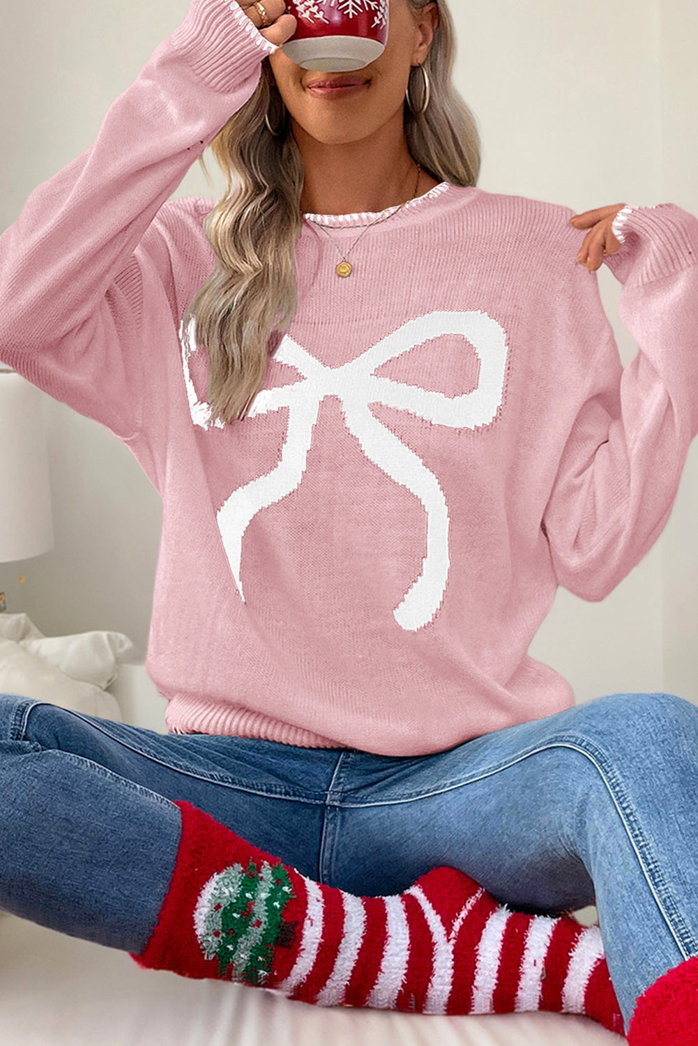 Pink Bow Pattern Contrast Trim Loose Graphic Sweater