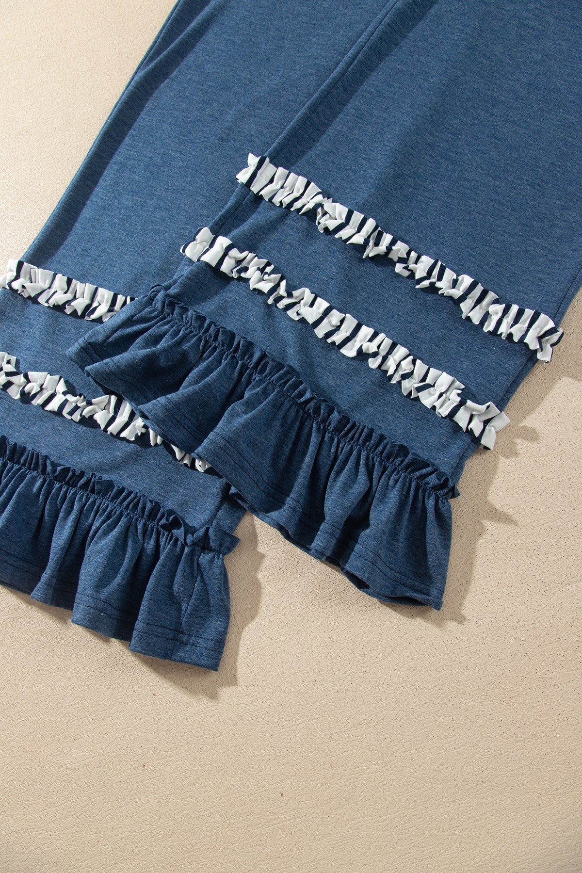 Blue Stripe V Neck Ruffle Contrast Sleeve Top Drawstring Pants 2pcs Set