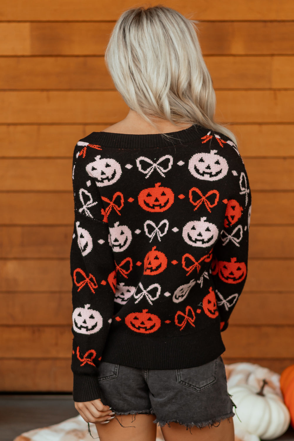 Black Halloween Pumpkin Bow Knit Button V Neck Sweater Cardigan