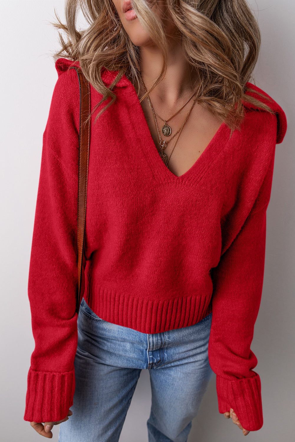 Racing Red Collared V Neck Ribbed Edge Sexy Elegant Sweater