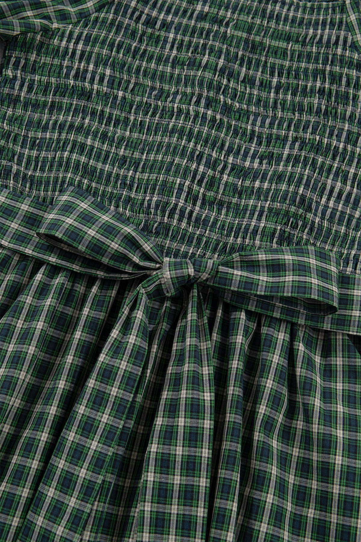 PRE-ORDER Green Plaid Square Neck Shirred High Waist Ruffle Hem Dress