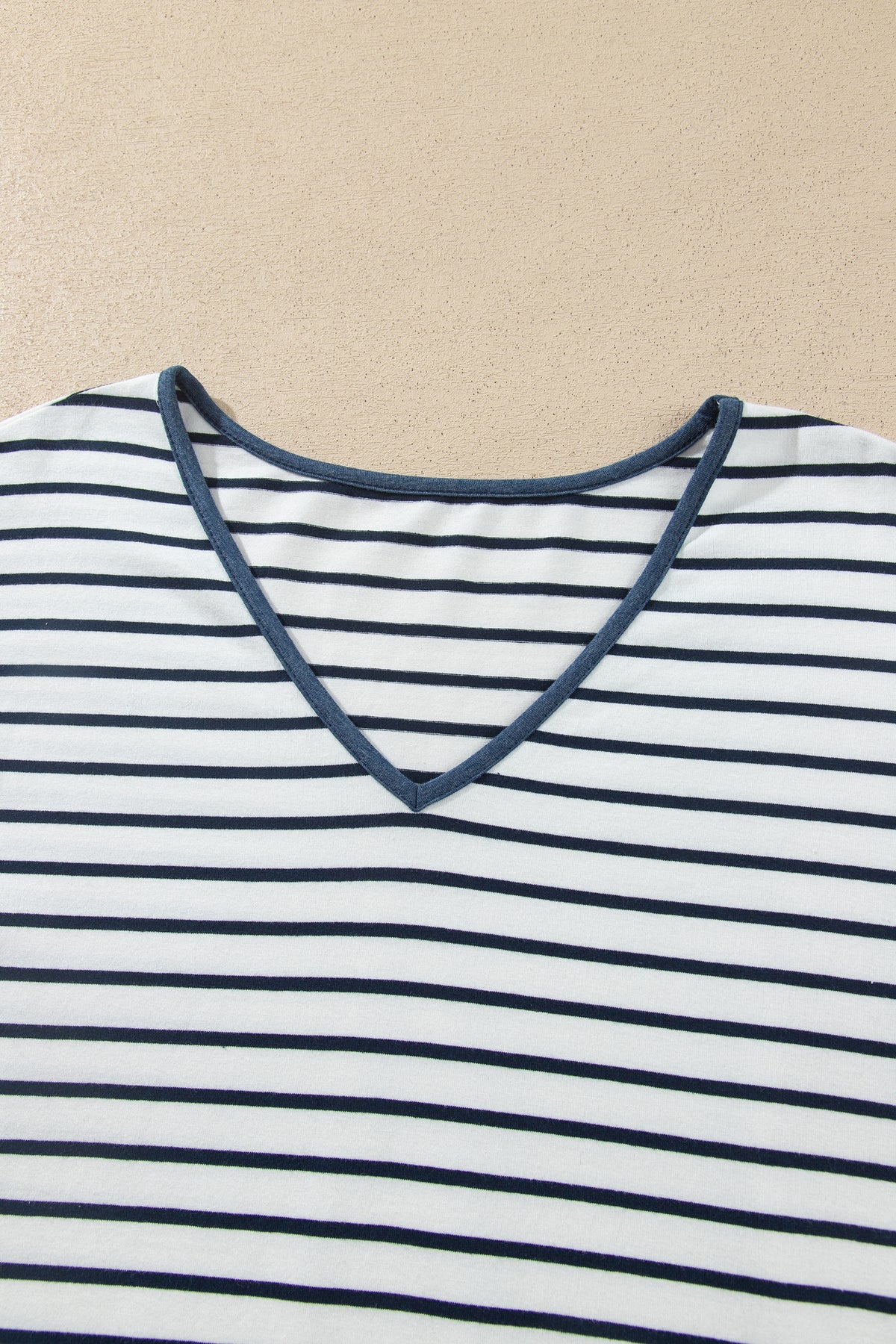 Blue Stripe V Neck Ruffle Contrast Sleeve Top Drawstring Pants 2pcs Set