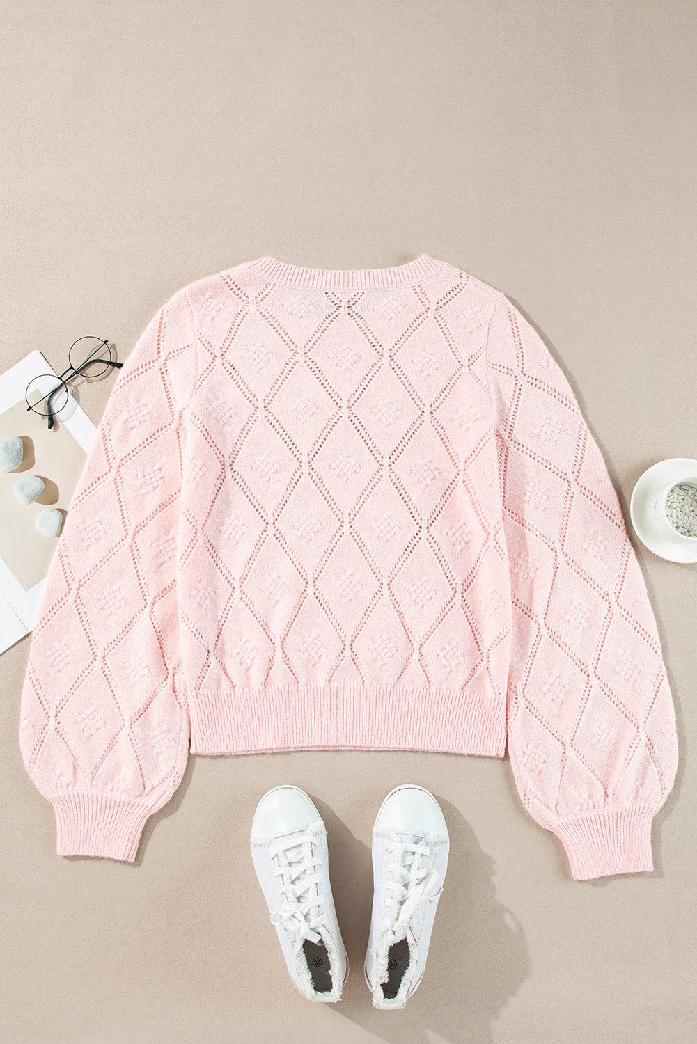 Gossamer Pink Openwork Plaid Puff Sleeve Cropped Sweater