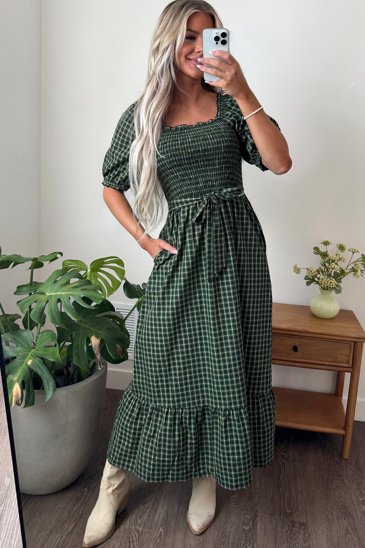 PRE-ORDER Green Plaid Square Neck Shirred High Waist Ruffle Hem Dress
