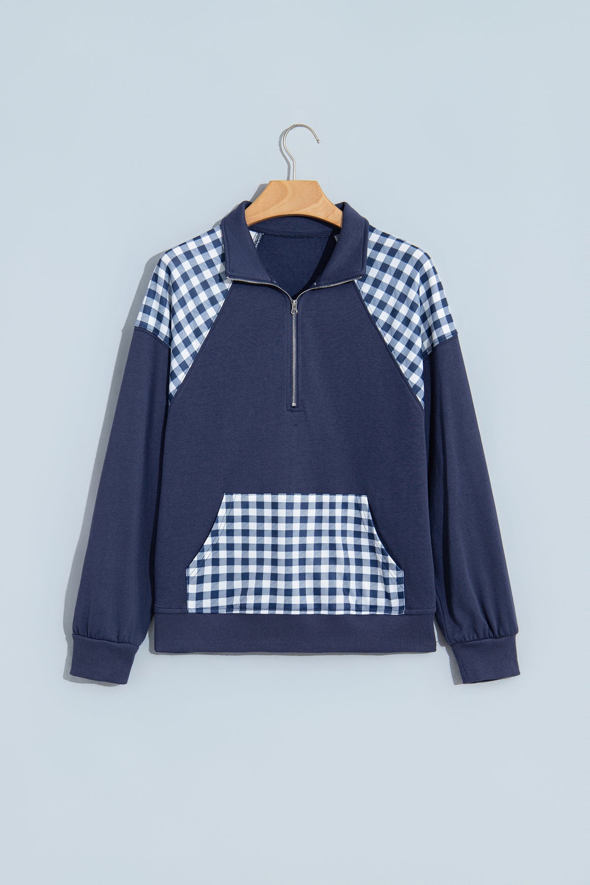 Dark Green Patchwork Plaid Pocket Quarter Zip Sweatshirt