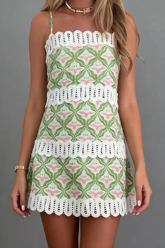 Geometric Print Strapless Linen Mini Dress