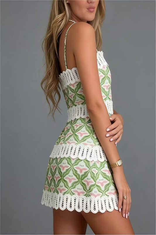 Geometric Print Strapless Linen Mini Dress