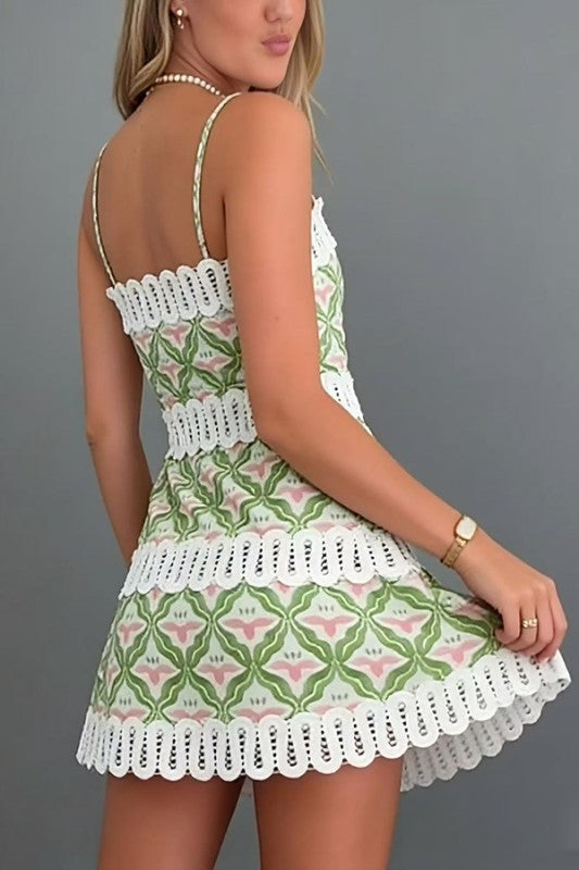 Geometric Print Strapless Linen Mini Dress