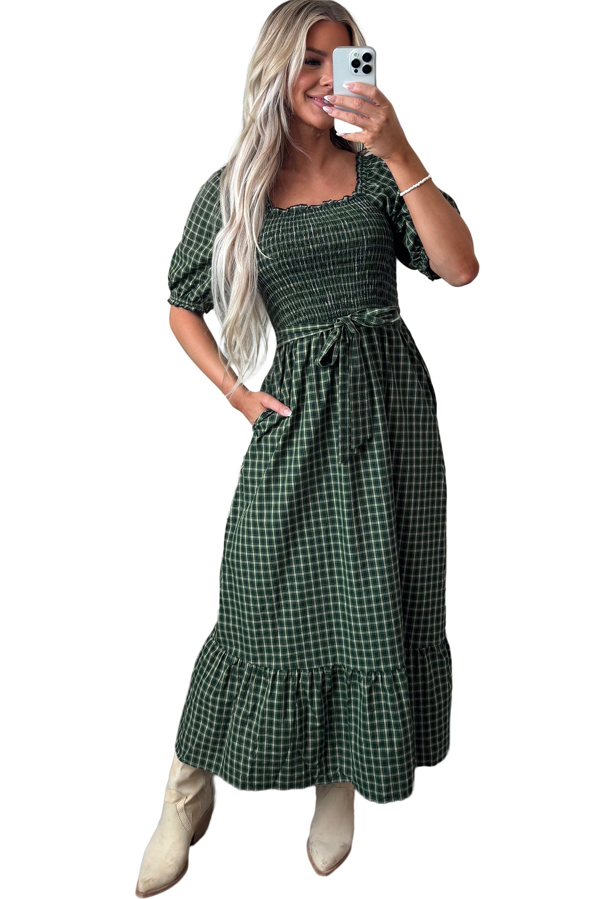 PRE-ORDER Green Plaid Square Neck Shirred High Waist Ruffle Hem Dress