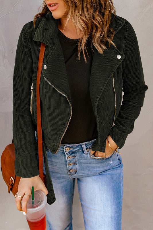 Buckle Belted Zip Up Corduroy Jacket