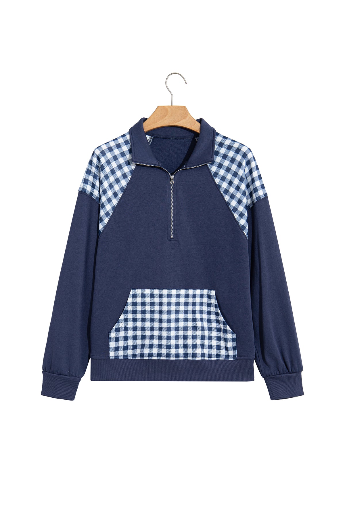 Dark Green Patchwork Plaid Pocket Quarter Zip Sweatshirt