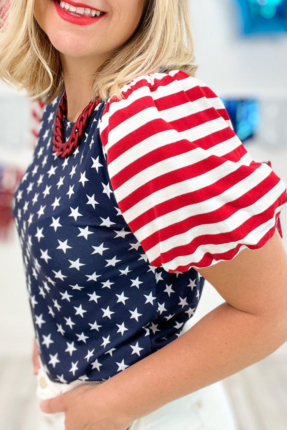 Navy Blue 4th Of July Stars Stripes Puff Sleeve T Shirt