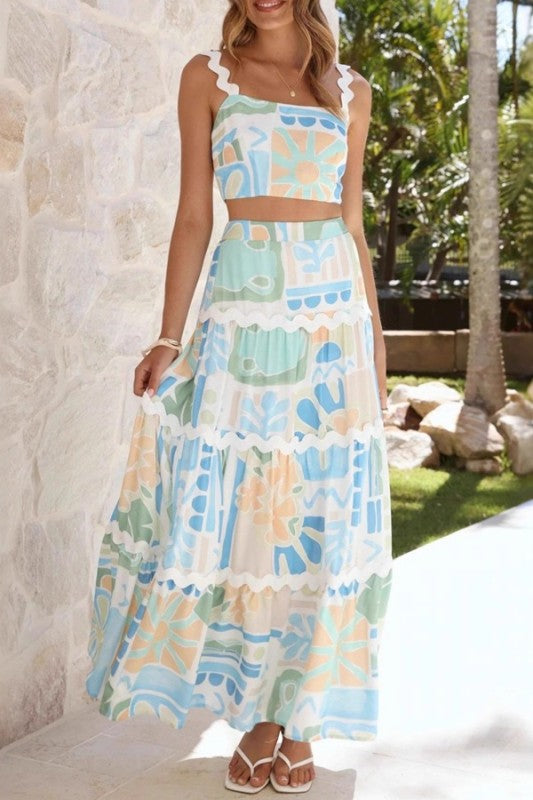 Printed Linen Crop Top And Skirt Set