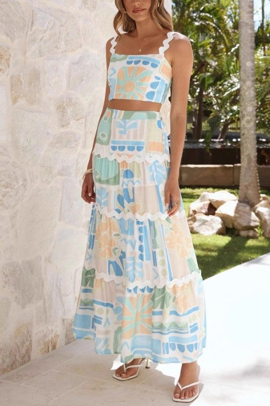Printed Linen Crop Top And Skirt Set