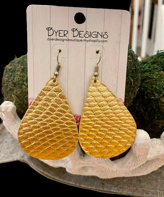 Leather Gold Snake Skin Teardrop Earrings