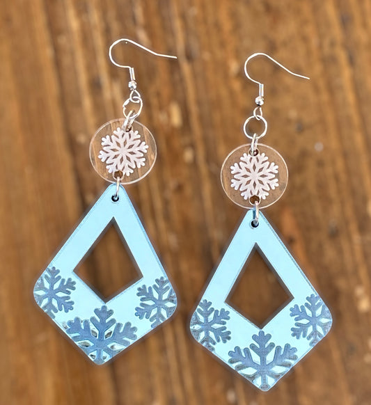 Christmas Mirror Blue Diamond Snowflake Earrings