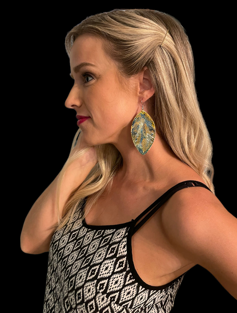 *Leather Hand painted -Abstract Teal, Gold, and White Earrings