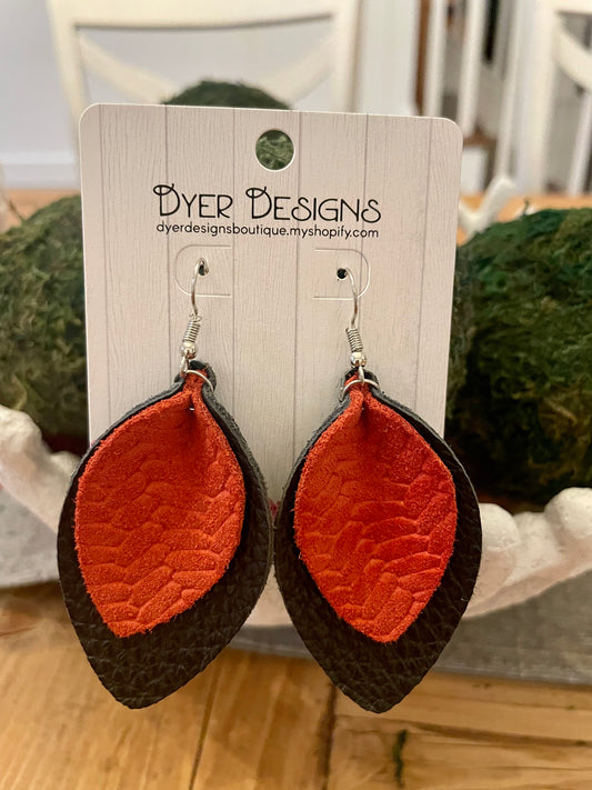 Leather Layered Apple Red and Black Textured Petal Earrings
