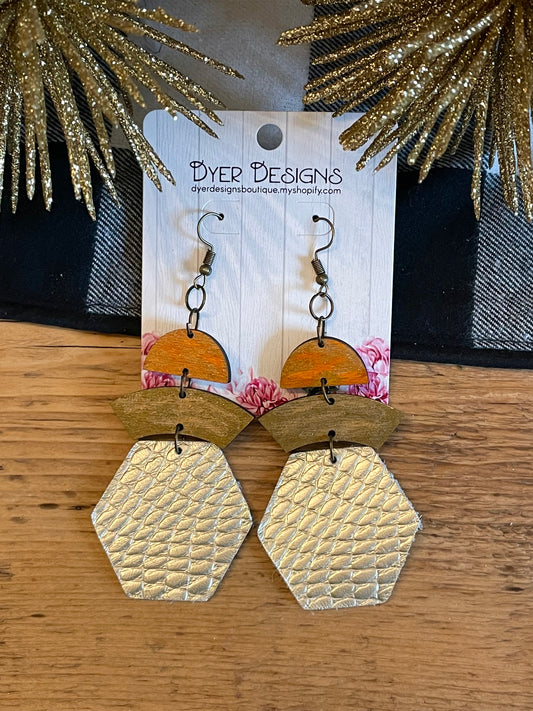 Leather and Wooden Tripe Threat Earrings