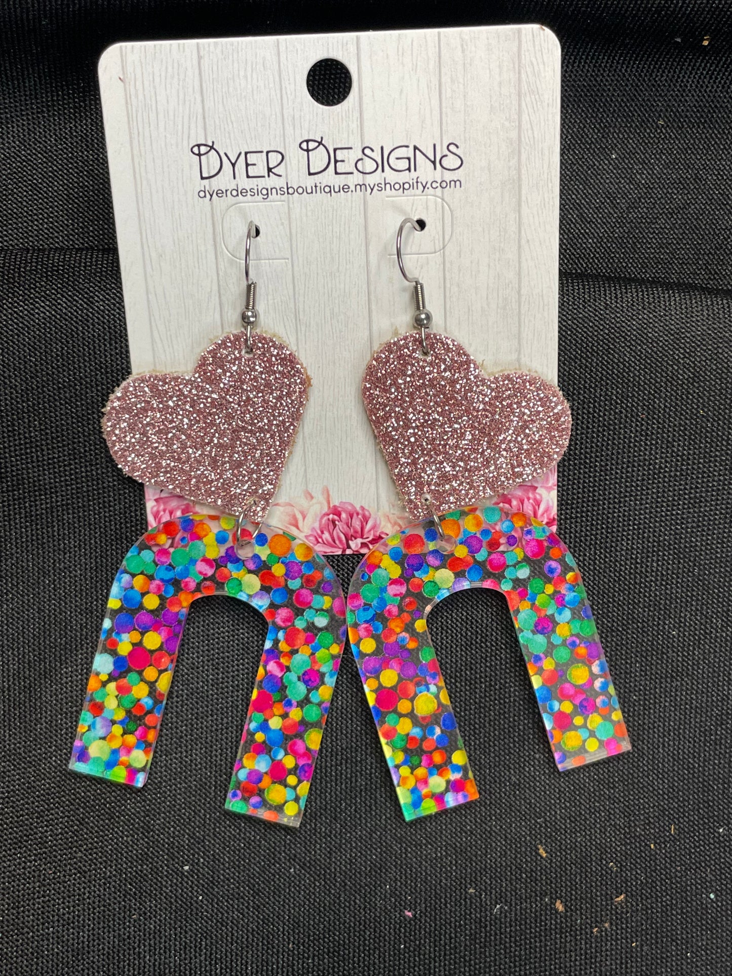 Valentine’s Cork Pink Glitter with Confetti Reversed U Valentine’s heart earrings