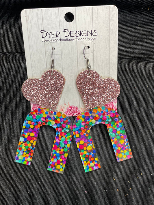 Valentine’s Cork Pink Glitter with Confetti Reversed U Valentine’s heart earrings