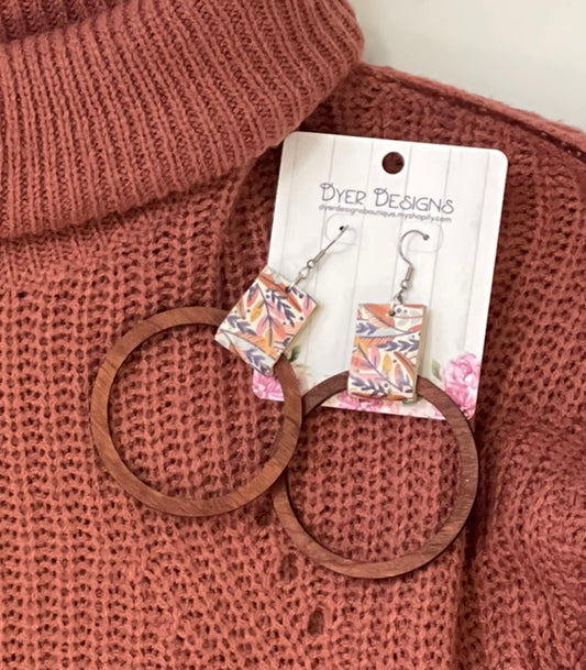 Wooden Large Hoops with Autumn Floral Leather Earrings