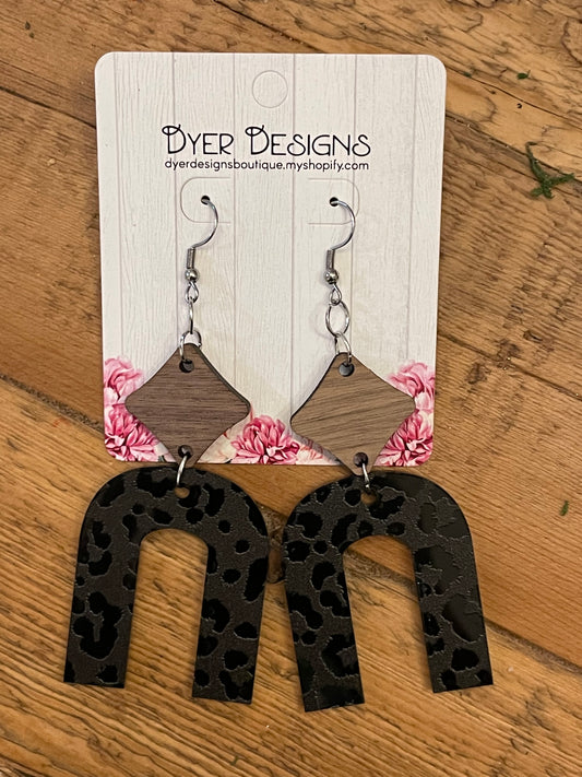 Wooden Black Leopard Horseshoe earrings