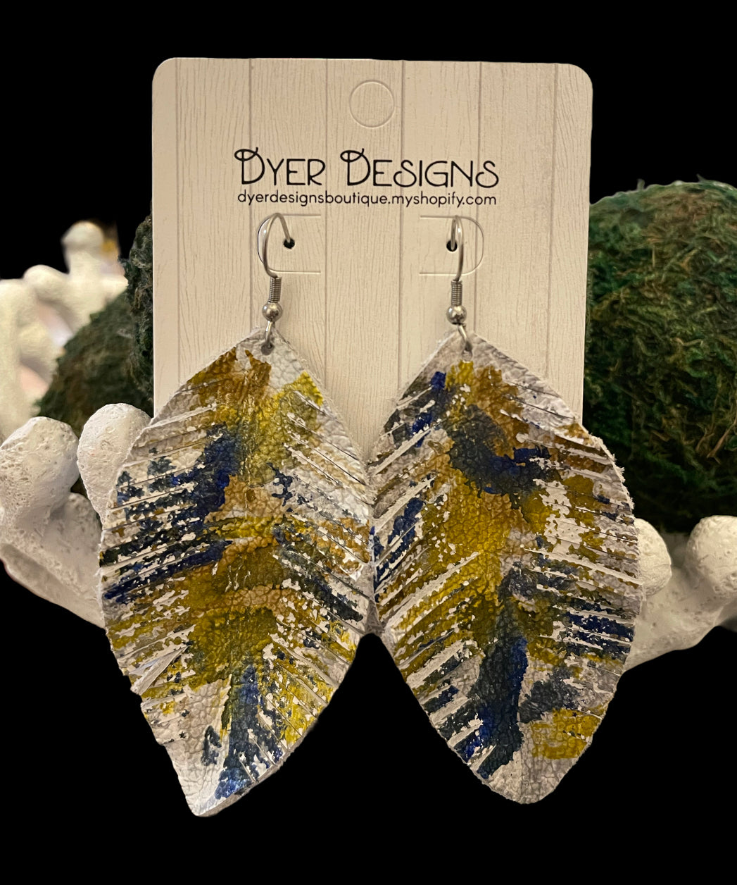 *Leather Hand painted Earrings-Silver/navy