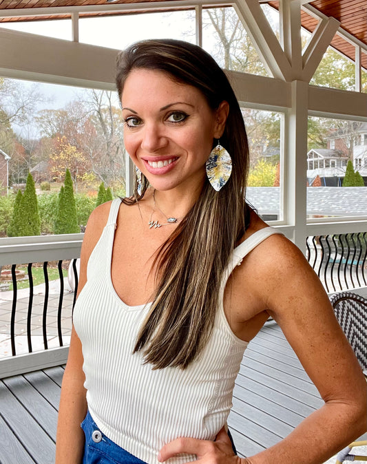 *Leather Hand painted Earrings-Silver/navy