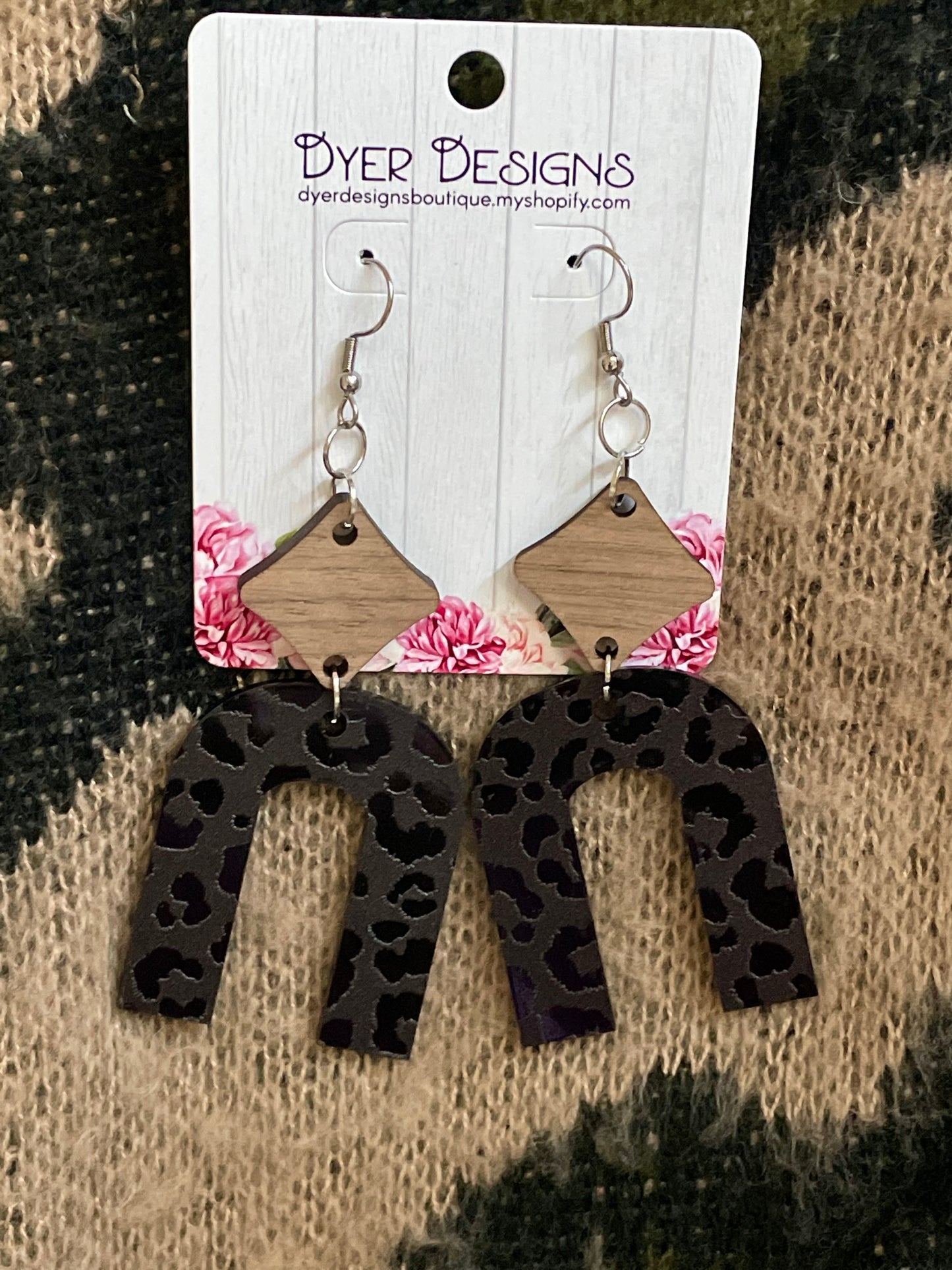 Wooden Black Leopard Horseshoe earrings