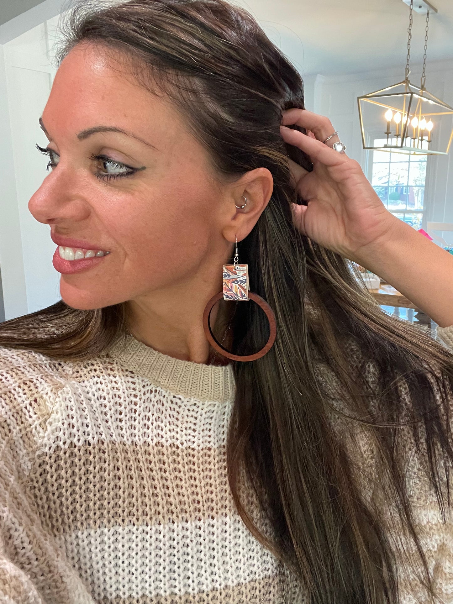 Wooden Large Hoops with Autumn Floral Leather Earrings