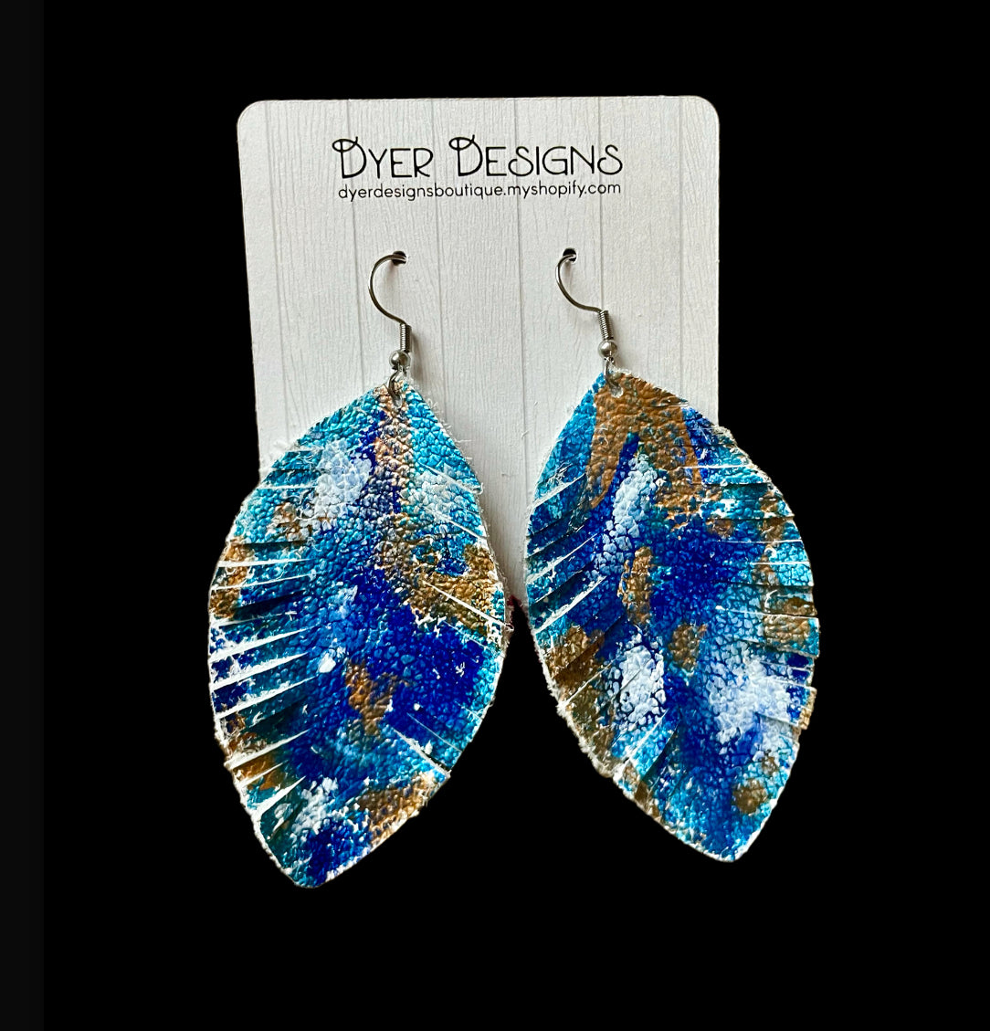 Hand painted Leather Earrings-Blue/gold/white