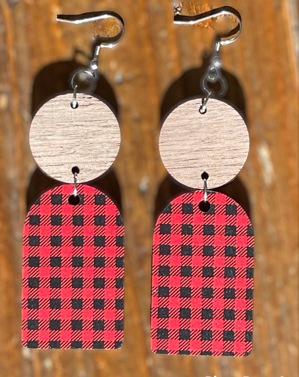 Christmas Wooden Red Buffalo Plaid Tombstone With Wooden Connector Earrings