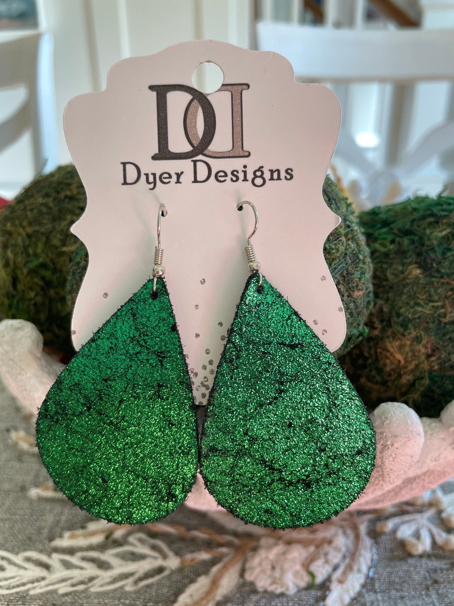 Leather Glitter Green Teardrop Earrings