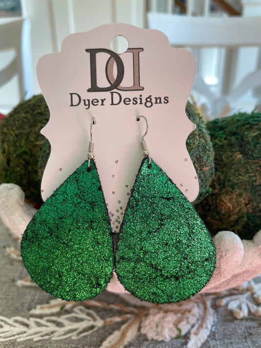 Leather Glitter Green Teardrop Earrings