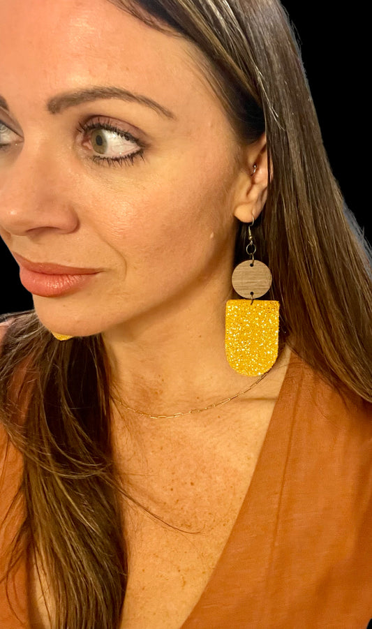 Leather + Wooden Sparkle Yellow Earrings