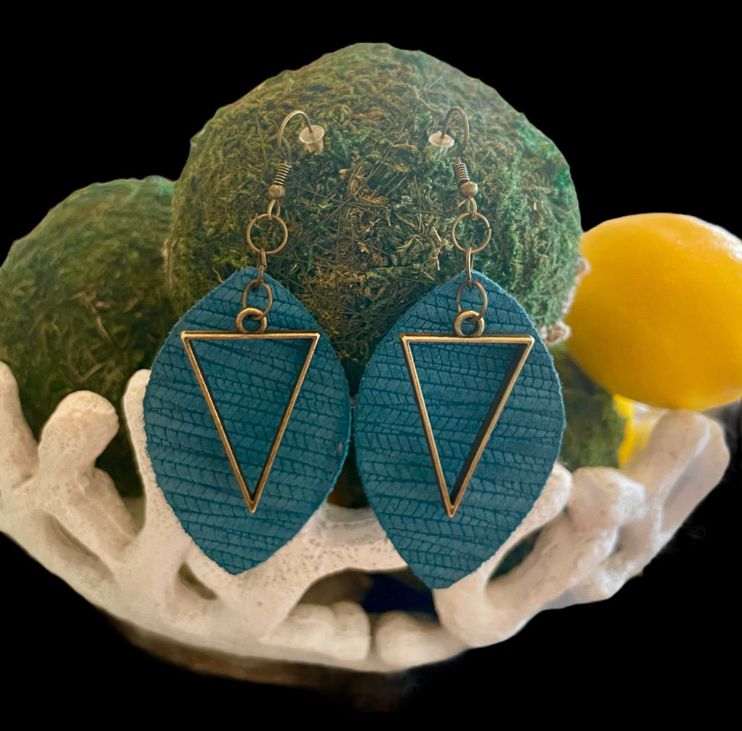 Leather Teal Palm Petals with Triangle Pendant