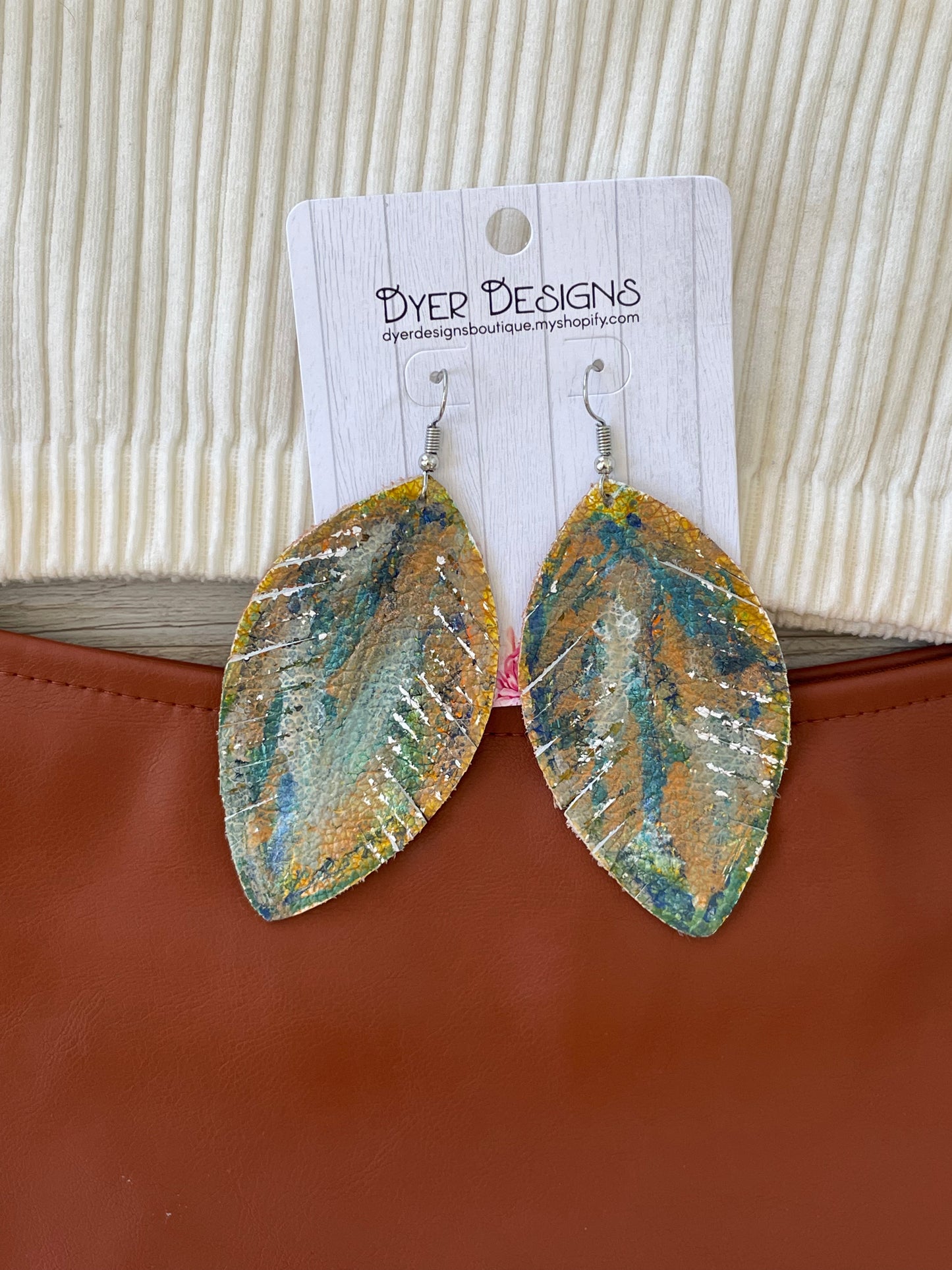 *Leather Hand painted -Abstract Teal, Gold, and White Earrings