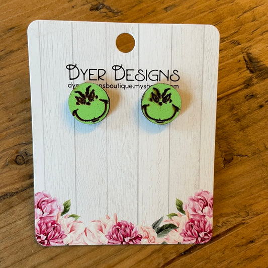 Christmas Wooden Grinch Stud Earrings