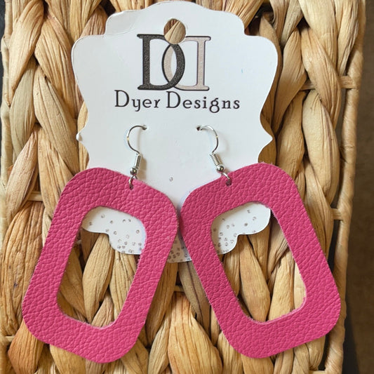 Leather Pink Open Rectangle Earrings