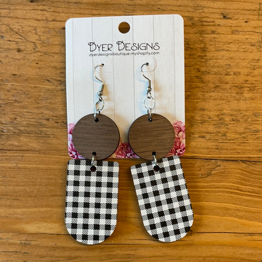 Wooden Buffalo Plaid Reverse Tombstone with Glass Snowflake Connector Earrings