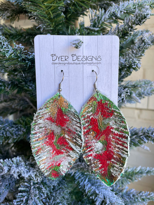 *Christmas Hand painted Leather Earrings-Red/Green/Gold/White